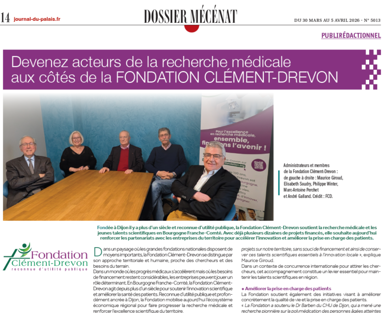 Fondation Clément-Drevon mise à l’honneur dans la presse pour son engagement en faveur du mécénat et de la recherche médicale en Bourgogne-Franche-Comté